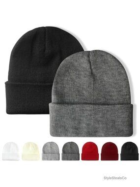 2 Pack Cuffed Knit Beanies Winter Skull Caps Warm Stretch Unisex